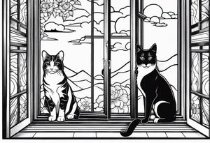dog and cat looking out tall window together tattoo idea