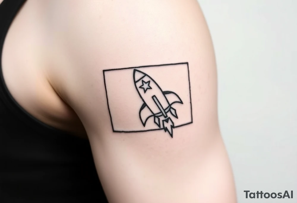 Rocket ship with a twinkling star, inside a black rectangle, shooting out of the rectangle tattoo idea