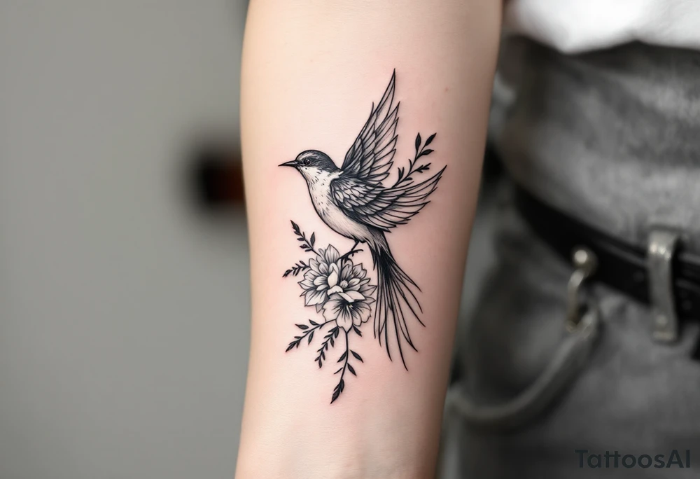 Decending bird with floral tattoo idea