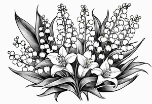 lily of the valley with other flowers incorporated with new Mexico. Very gentle and clean, minimal shading tattoo idea