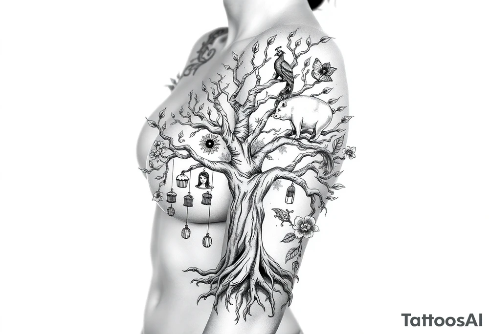 mystical tree of life with cosmic roots and celestial branches fat naked sexy woman , peacock , pig , cupcakes, liquor, cigerette, Storm clouds, pig, peacock , fat sexy naked fat woman, cupcakes, noose , money, goat lion, couple having sex, cigerette storm lightening, killing, darkness death tattoo idea