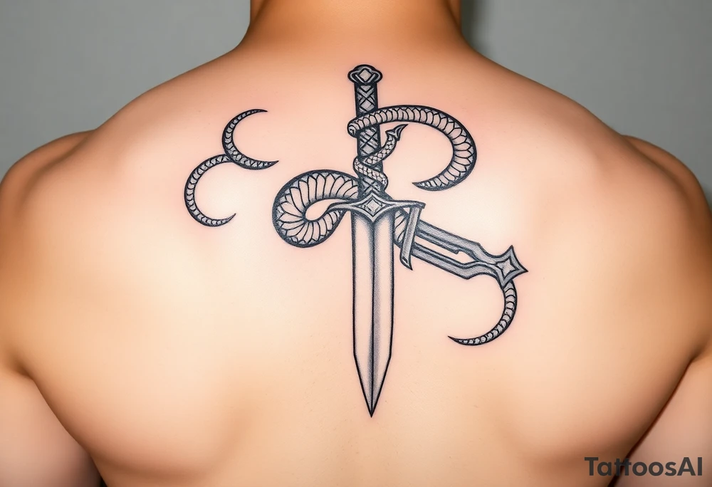 mystical snake coiled around an ancient dagger with jeweled hilt tattoo idea