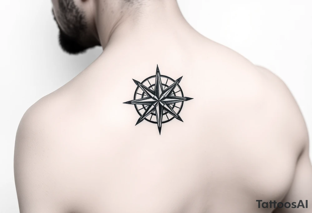 intricate compass rose on upper right back shoulder of a man. black and white. tattoo idea