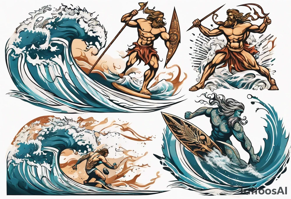Ancient Greek gods of the sea fighting with surfer and trident tattoo idea