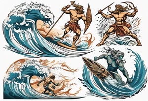 Ancient Greek gods of the sea fighting with surfer  and trident tattoo idea
