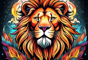 A  happy 
lion surrounded by fire in full color tattoo idea