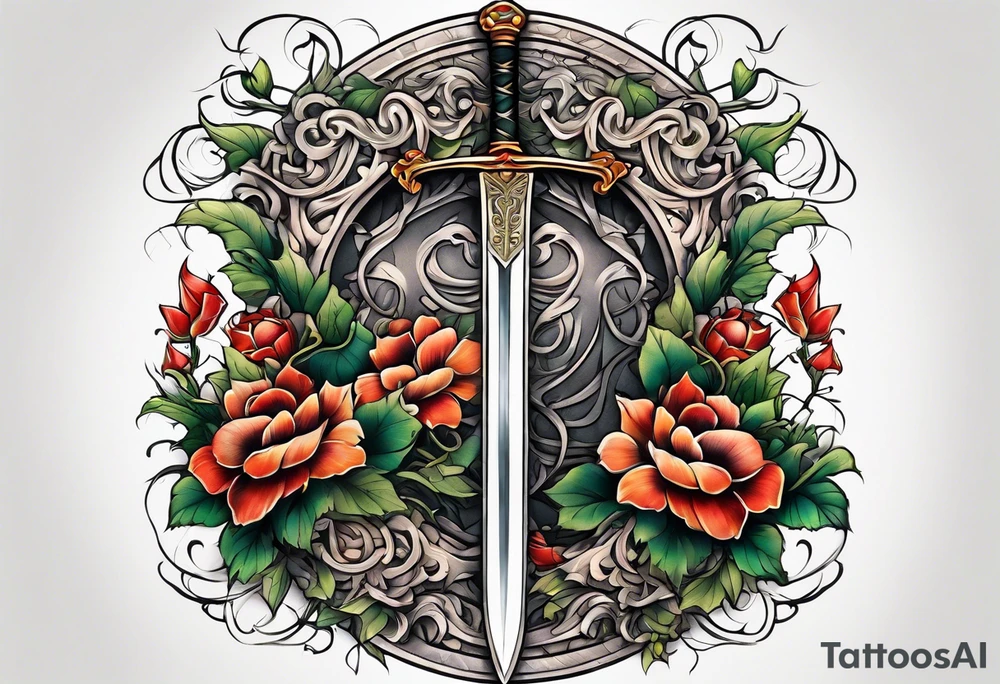 a sword with vines and flowers wrapped around it tattoo idea