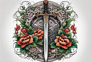 a sword with vines and flowers wrapped around it tattoo idea
