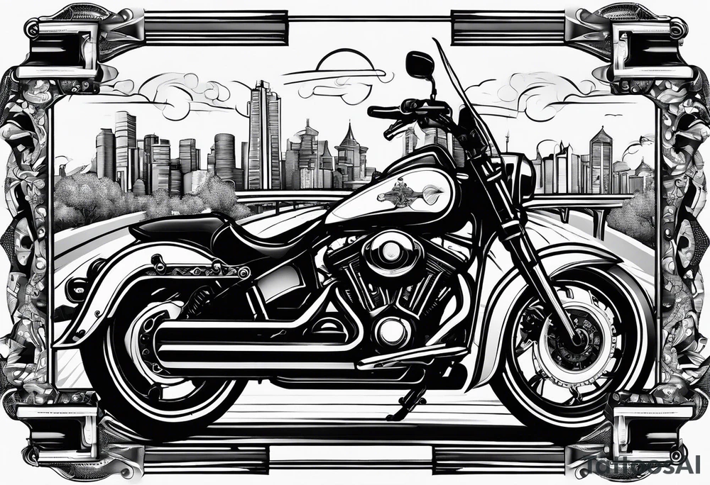 playing cards over a city with a motorcycle on the road tattoo idea