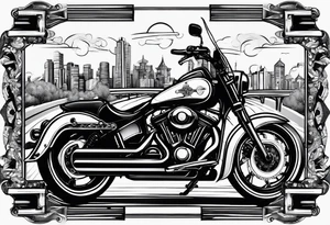 playing cards over a city with a motorcycle on the road tattoo idea