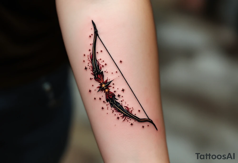 A stylized archer’s bow in burnt sienna and deep burgundy, with Sagittarius stars constellation lightly twinkling along the curve. tattoo idea