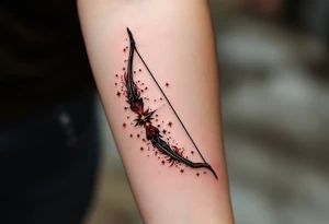 A stylized archer’s bow in burnt sienna and deep burgundy, with Sagittarius stars constellation lightly twinkling along the curve. tattoo idea