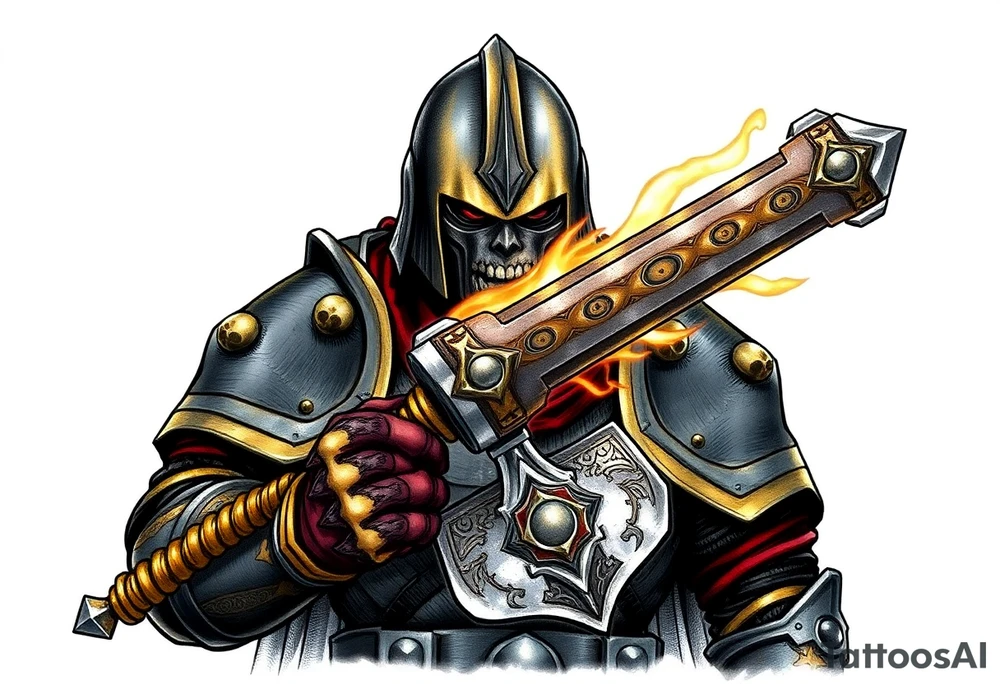 Warhammer, the Old World. A warrior priest of Sigmar holding "The Warhammer of Sigmar" or known as Ghal Maraz. The Warhammer of Sigmar is radiating thunderous energy. The warhammer is held by the warrior priest with both gripping hands at the shaft, upon his chest level. The Warrior priest is wearing dark alloyed heavy armour (reference armor from warhammer vermintide 2 Victor Saltzpyres, the warrior priest of Sigmar class) with skull sigils on his shoulder pads. The warrior priest is wearing a helmet, while the helmets front visor has an humanoid metal face covering. The helmet and armour are gladened with hints of gold and crimson red. The Warhammer is silverish and golden with a long shaft with twisted carvings. tattoo idea