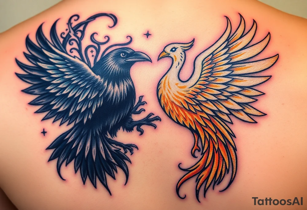 A majestic white phoenix, with glowing feathers in shades of gold and silver, symbolizing light and resurrection, opposite a dark crow, surrounded by smoky tendrils and shadowy wings, dripping with darkness and doom. tattoo idea