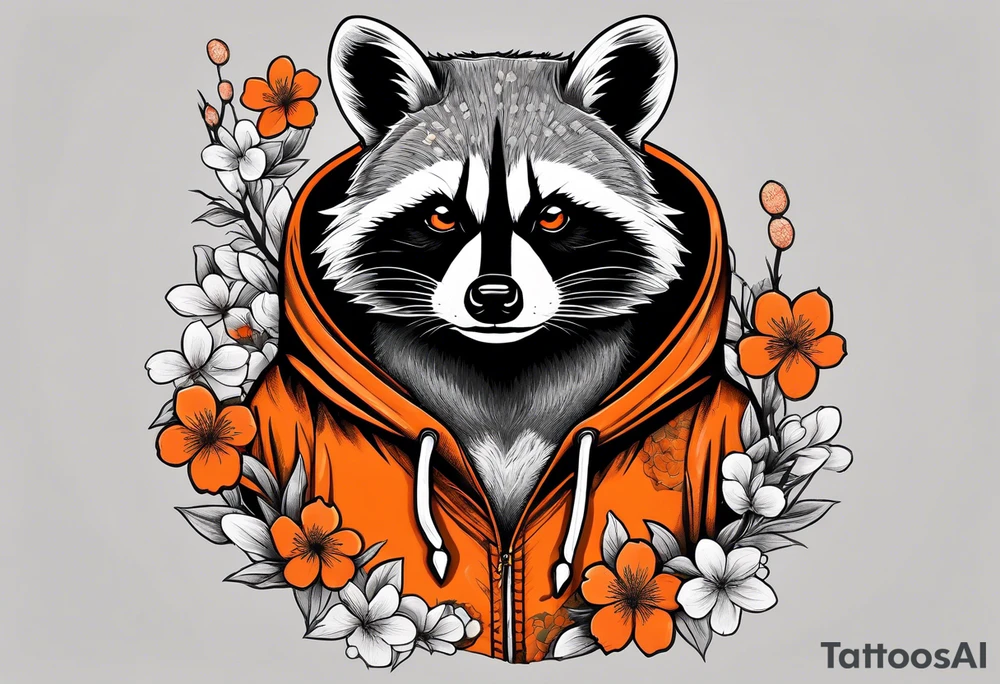 raccoon wearing a black and white Superman hoodie and orange Japanese cherry blossoms tattoo idea