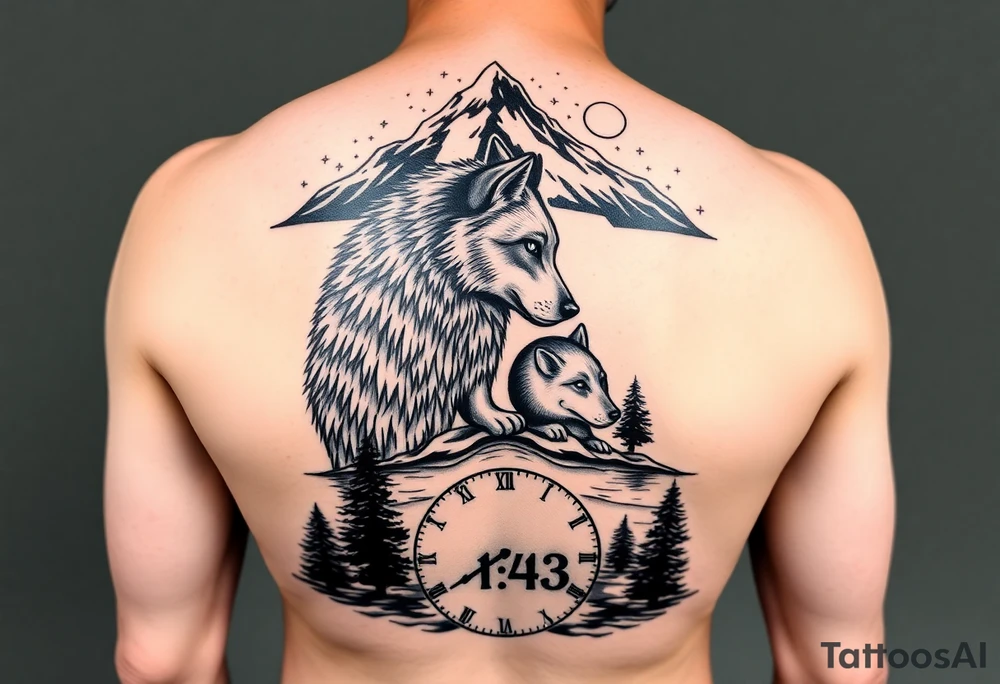 A full sleeve tattoo. At the top should be a majestic mountain top surrounded by the night sky and stars. Below the mountain top should be a majestic father wolf watching over his son. There should be water showing the reflections of both of the wolves. Beneath the water should be a time clock that shows the time as 1:43. There should be trees to fill in the gaps. tattoo idea