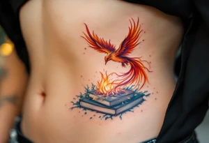 Phoenix rising from nest of burnt books tattoo idea