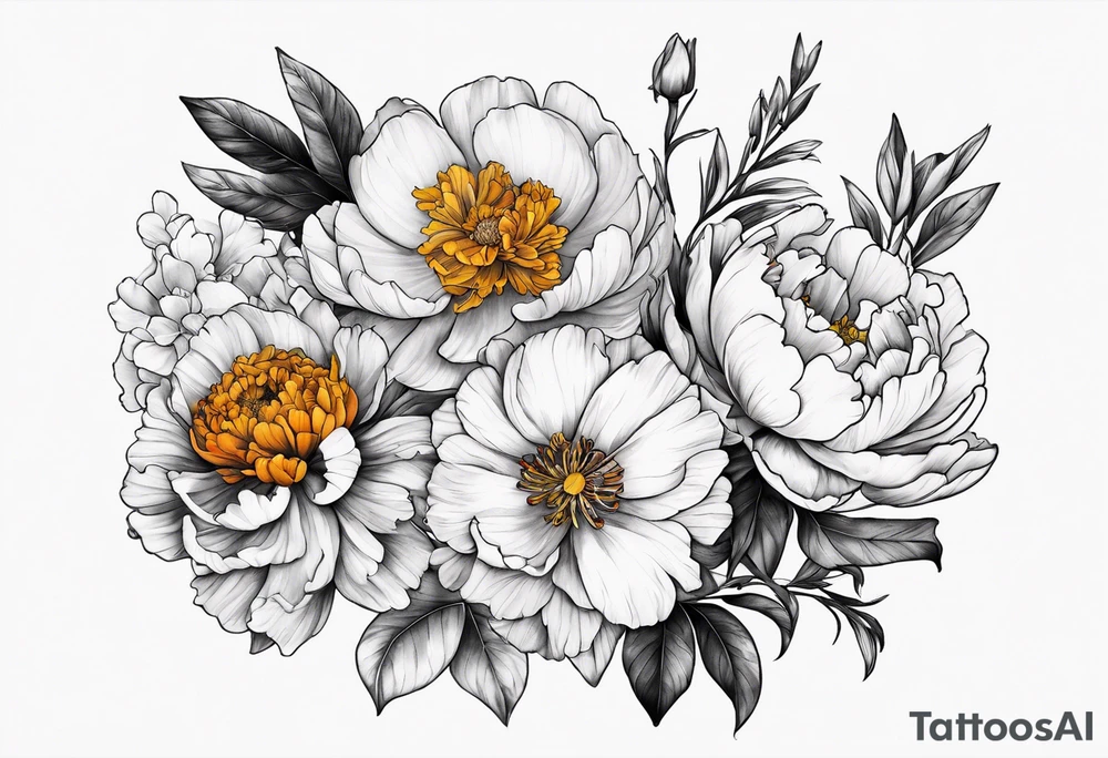 A stemless marigold, peony, and narcissus tattoo idea