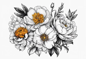 A stemless marigold, peony, and narcissus tattoo idea