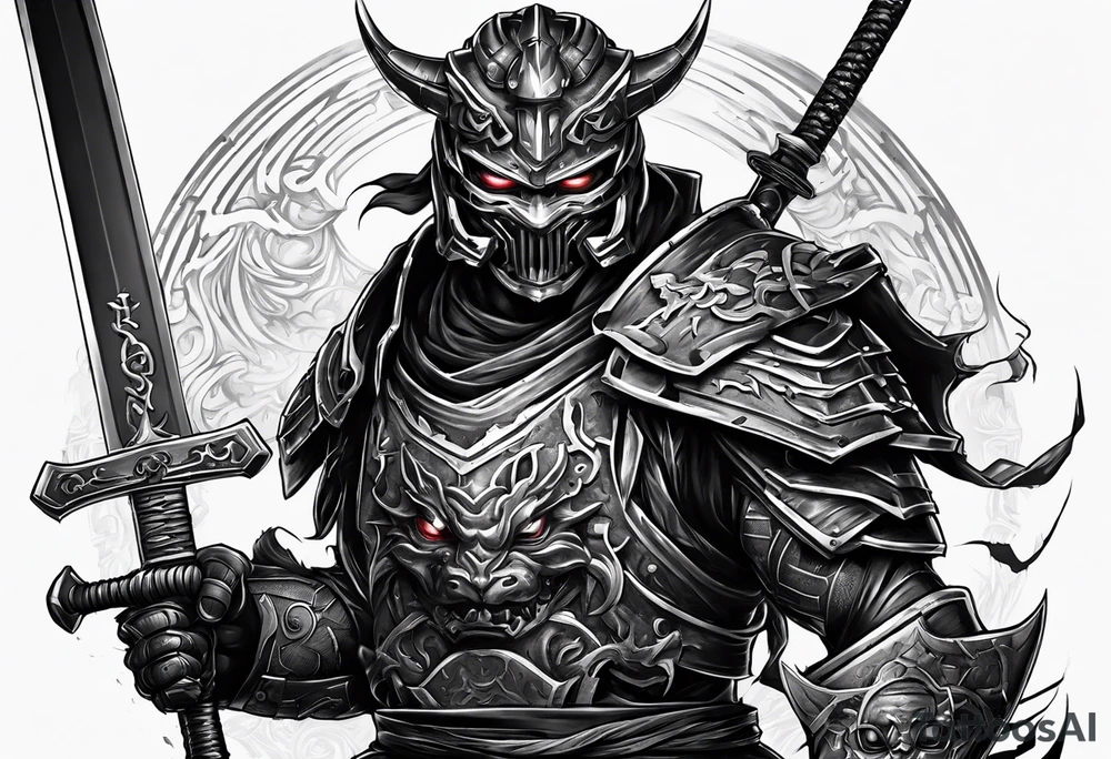 Angry robot demon ninja with demon mask with sword fighting in war tattoo idea