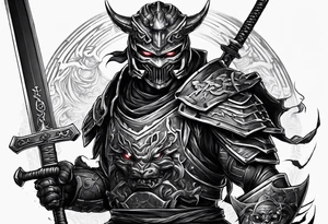 Angry robot demon ninja with demon mask with sword fighting in war tattoo idea