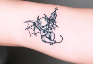 Demon baby with halo and angle wings and clock tower behind him tattoo idea