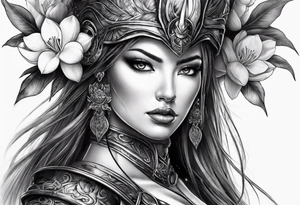 female warrior face with magnolias tattoo idea