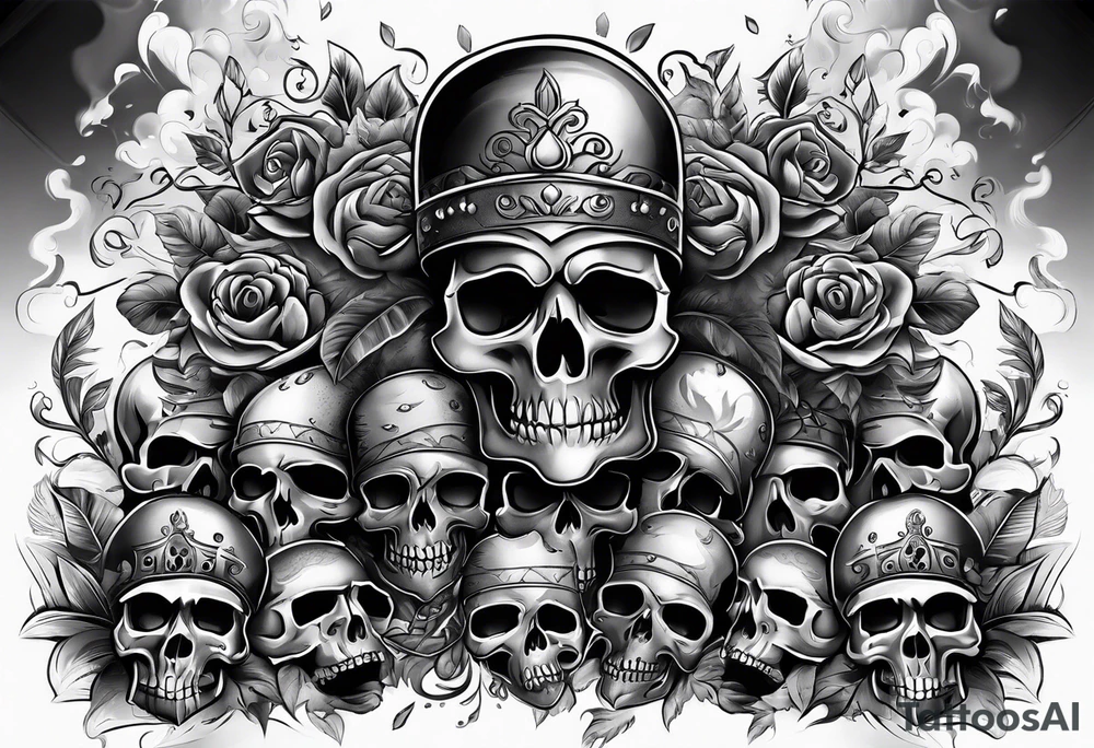 money stacks rising smoke Savage skulls tattoo idea