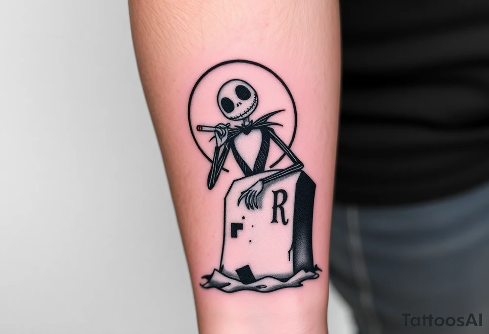jack skellington sitting on tombstone smoking a blunt, jackolanters, christmas themed tattoo idea