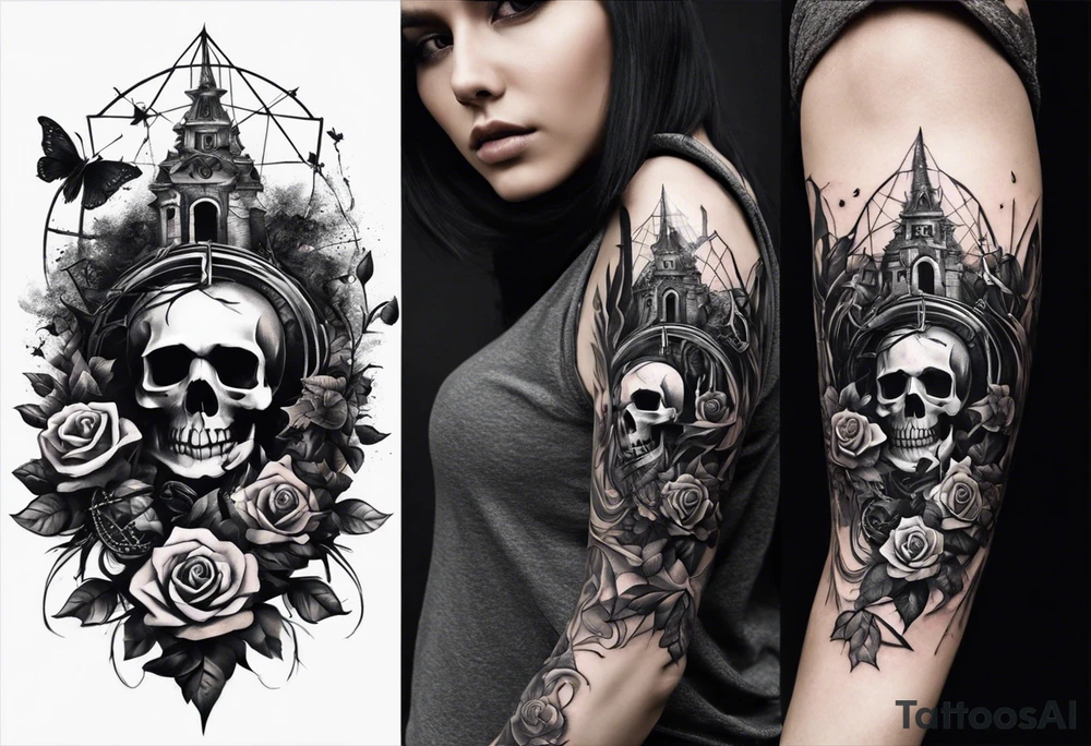 A sleeve tattoo whose elements seem to be connected into one story. Elements on the tattoo: a skull with a rose sticking out of the eye, plants, a girl’s face turning into roots, a destroyed old chain, a broken sword, a butterfly and you can add some connecting elements tattoo idea