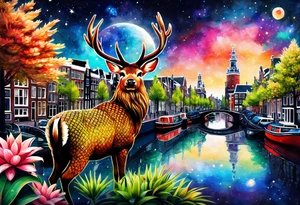 Wildlife in Amsterdam, pineapple stag, stag, Amsterdam buildings, Amsterdam canal, pineapples, pineapple trees, space, galaxy, galaxy colours tattoo idea