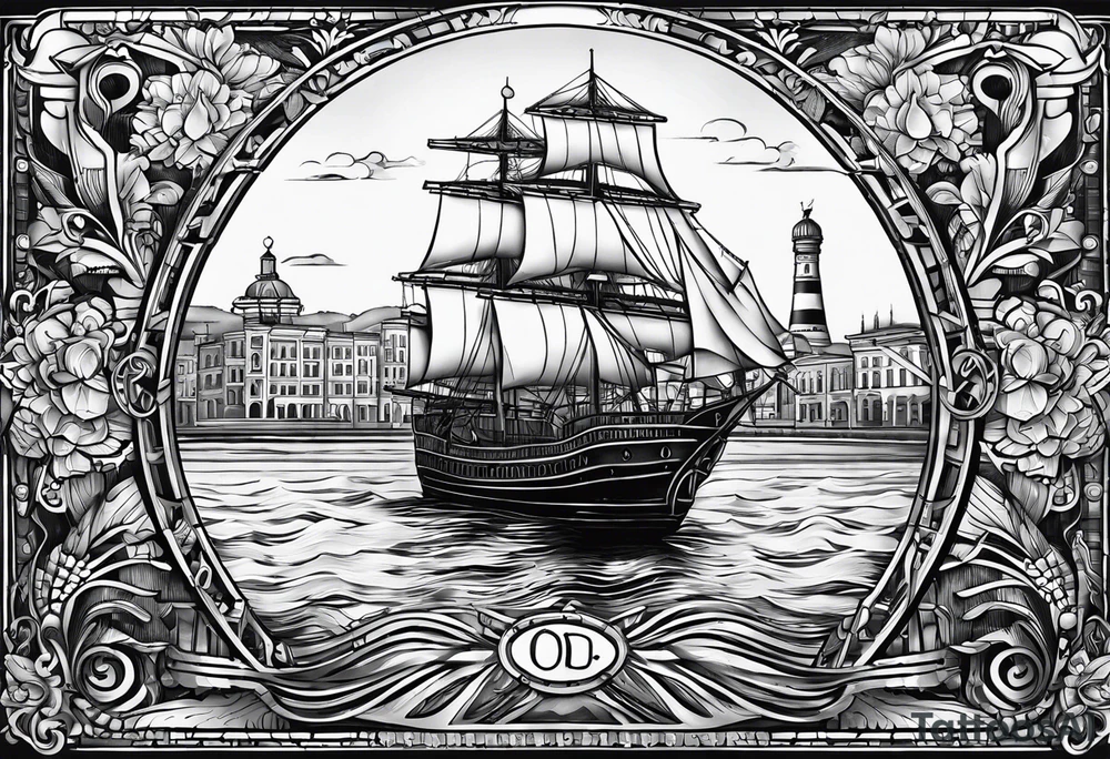 This tattoo depicts the city of Odesa. The main symbols of this city are a ship's wheel, a lighthouse, the Potemkin Stairs, the sea, the Opera House, and the cozy small streets. tattoo idea