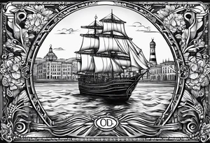 This tattoo depicts the city of Odesa. The main symbols of this city are a ship's wheel, a lighthouse, the Potemkin Stairs, the sea, the Opera House, and the cozy small streets. tattoo idea