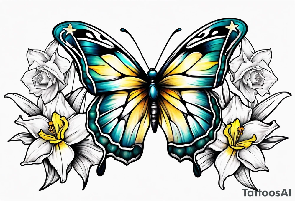 Butterfly, star and daffodils tattoo idea