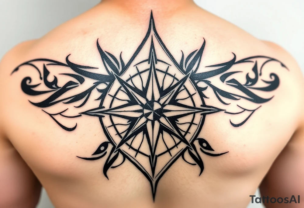 A sharp edged rip curl wave inside of an elongated diamond infront of a compass rose tattoo idea