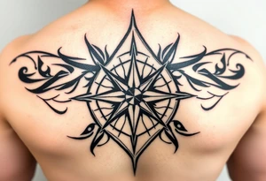 A sharp edged rip curl wave inside of an elongated diamond infront of a compass rose tattoo idea