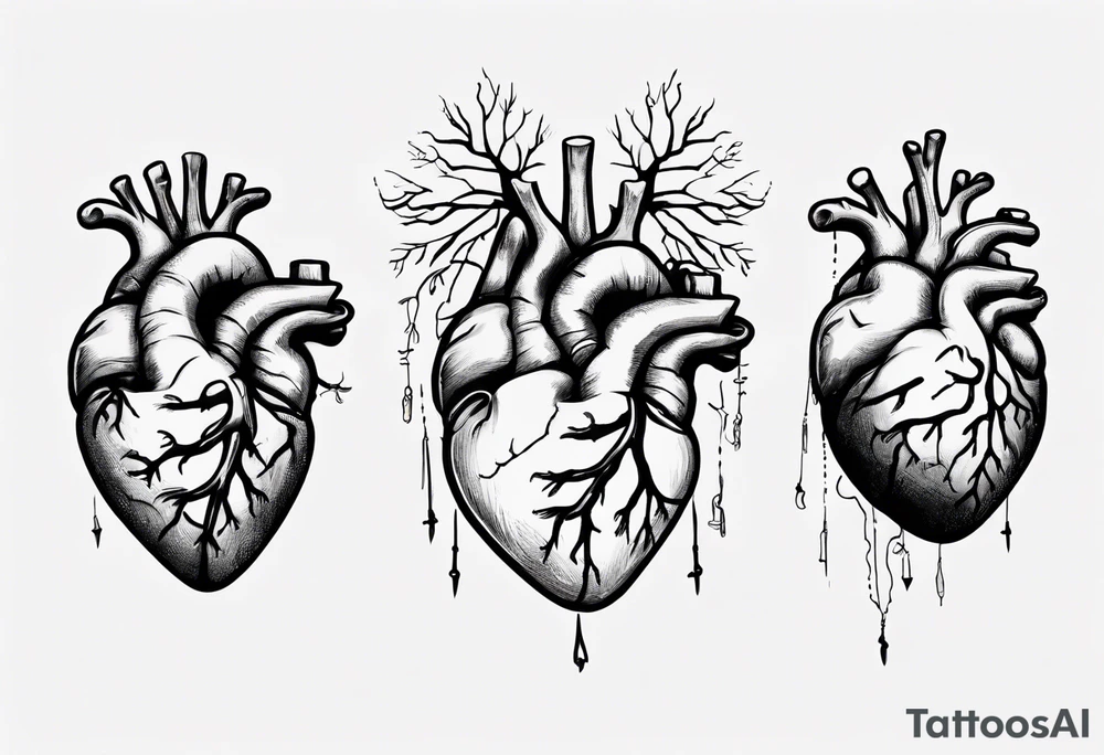 Anatomical heart and anatomical brain floating away tied down with string tattoo idea