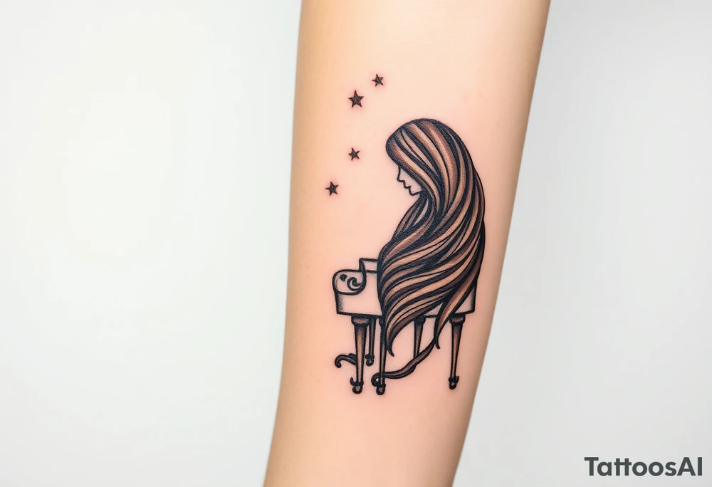 Woman with long wavy brown hair playing a grand piano under the stars swirl tattoo idea