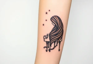 Woman with long wavy brown hair playing a grand piano under the stars swirl tattoo idea