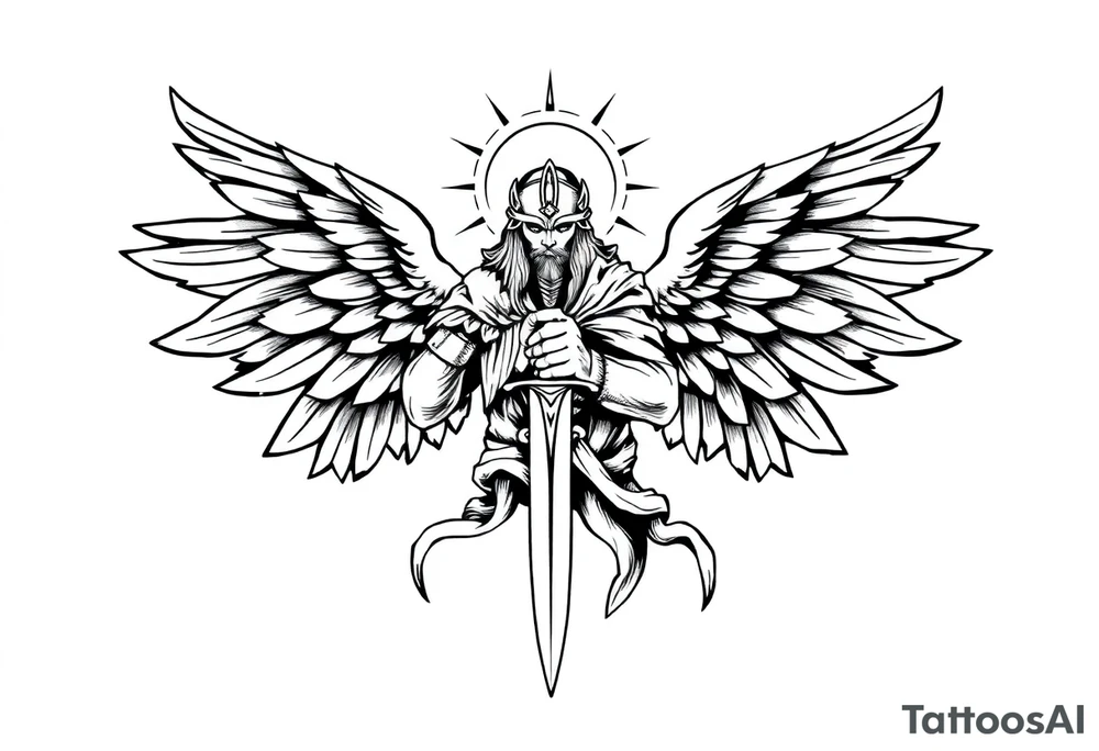 Holy Archangel, Biblical, Christianity, Hebrew, Guards of Christianity, Holding a sword, having six wings, wearing helmet, halo, seraphim, seek justice, walk only with God tattoo idea