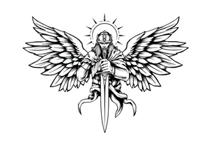 Holy Archangel, Biblical, Christianity, Hebrew, Guards of Christianity, Holding a sword, having six wings, wearing helmet, halo, seraphim, seek justice, walk only with God tattoo idea