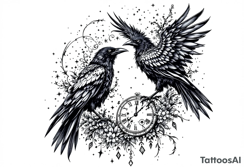 black raven standing on a clock face mandala tattoo idea