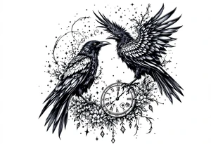 black raven standing on a clock face mandala tattoo idea