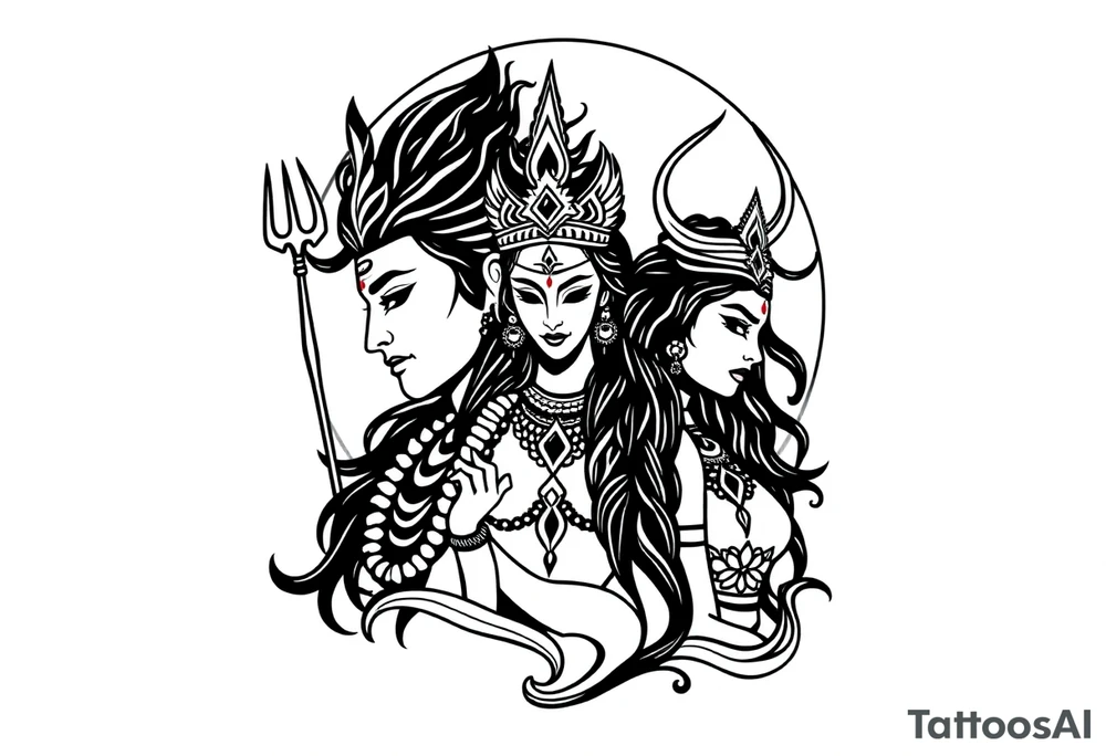 Lord Shiva, Godess Kali, Godess Lilith Together with the moon in the background tattoo idea