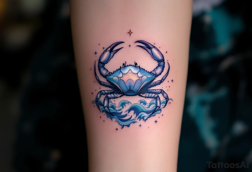 A Cancer zodiac tattoo shows a shimmering silver crab with delicate blue highlights on its shell, surrounded by soft ocean waves in teal and deep navy, with tiny white stars twinkling around it for a dreamy celestial touch. tattoo idea
