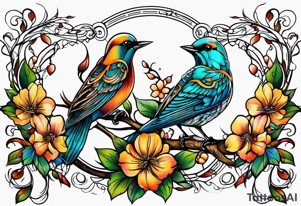 Thin line birds and vines tattoo idea