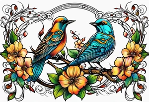 Thin line birds and vines tattoo idea