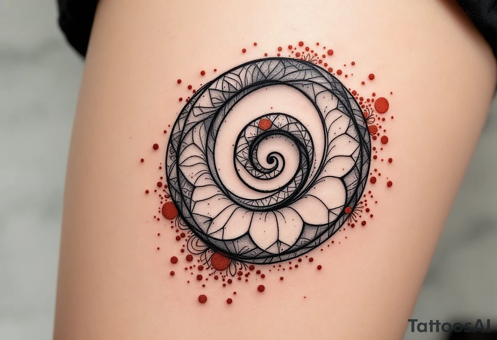 A hand-drawn spiral in charcoal gray, surrounded by faint dots in rusty red. tattoo idea
