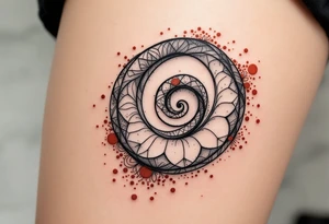 A hand-drawn spiral in charcoal gray, surrounded by faint dots in rusty red. tattoo idea