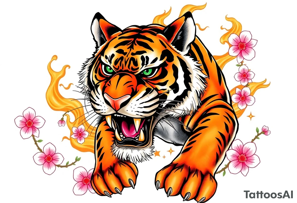 A fierce and majestic tiger, mid-roar, with piercing emerald-green eyes and bold orange-and-black striped fur. Its powerful muscles are accentuated by intricate shading, giving it a lifelike presence. Surrounding the tiger are swirling golden flames, symbolizing strength and resilience, while delicate cherry blossom petals in soft pink and white float around, representing balance between power and grace. tattoo idea